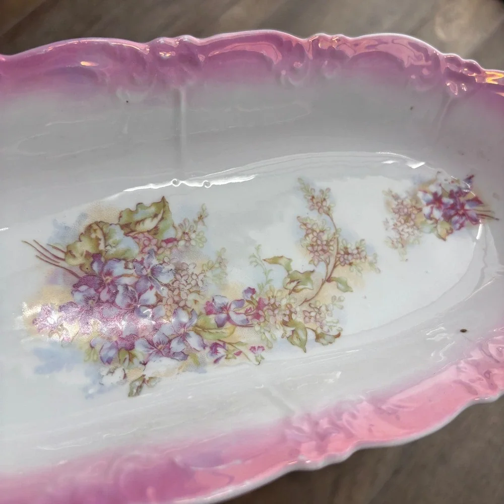 Vintage Pink Lusterware Floral Porcelain Plate‎ and Oval Platter Set 2pc, Spring